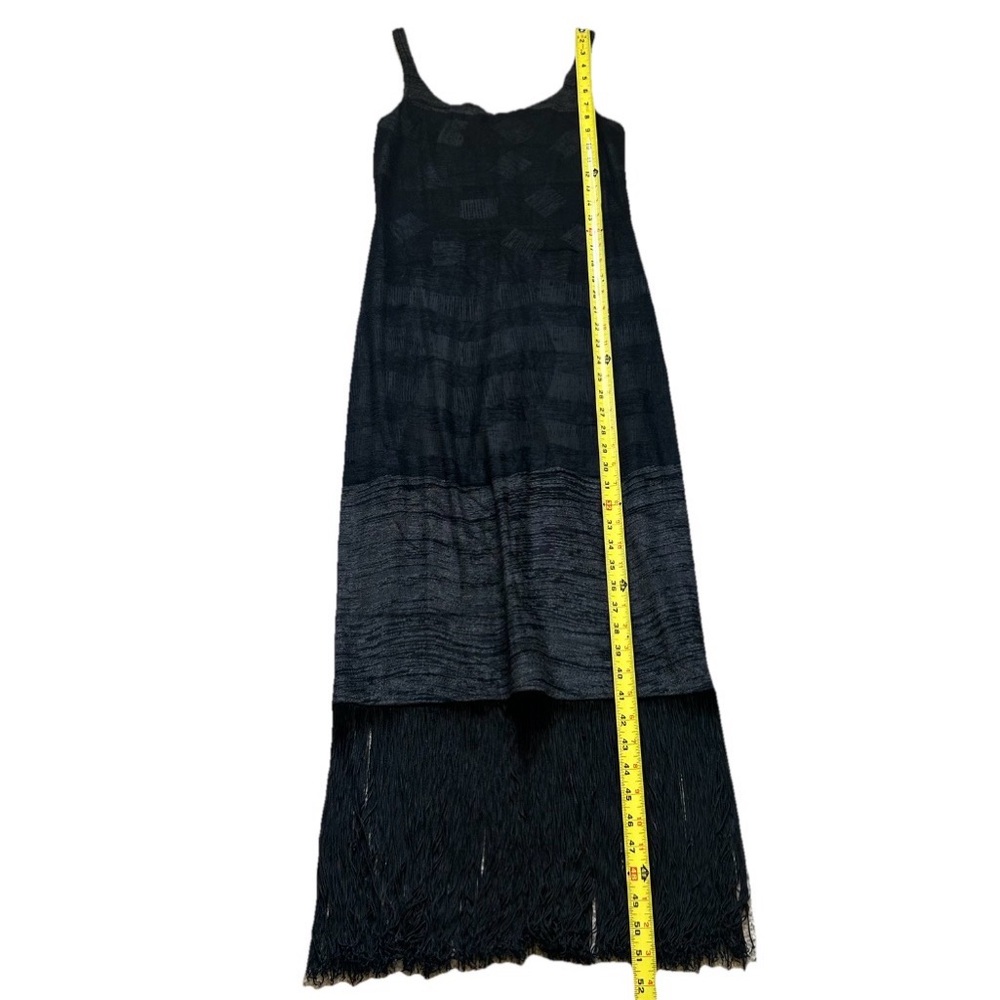 VTG Rare Black Fringe Maxi Dress Slinky Velvet Texture Boho Flapper Gothic Glam - Picture 4 of 8